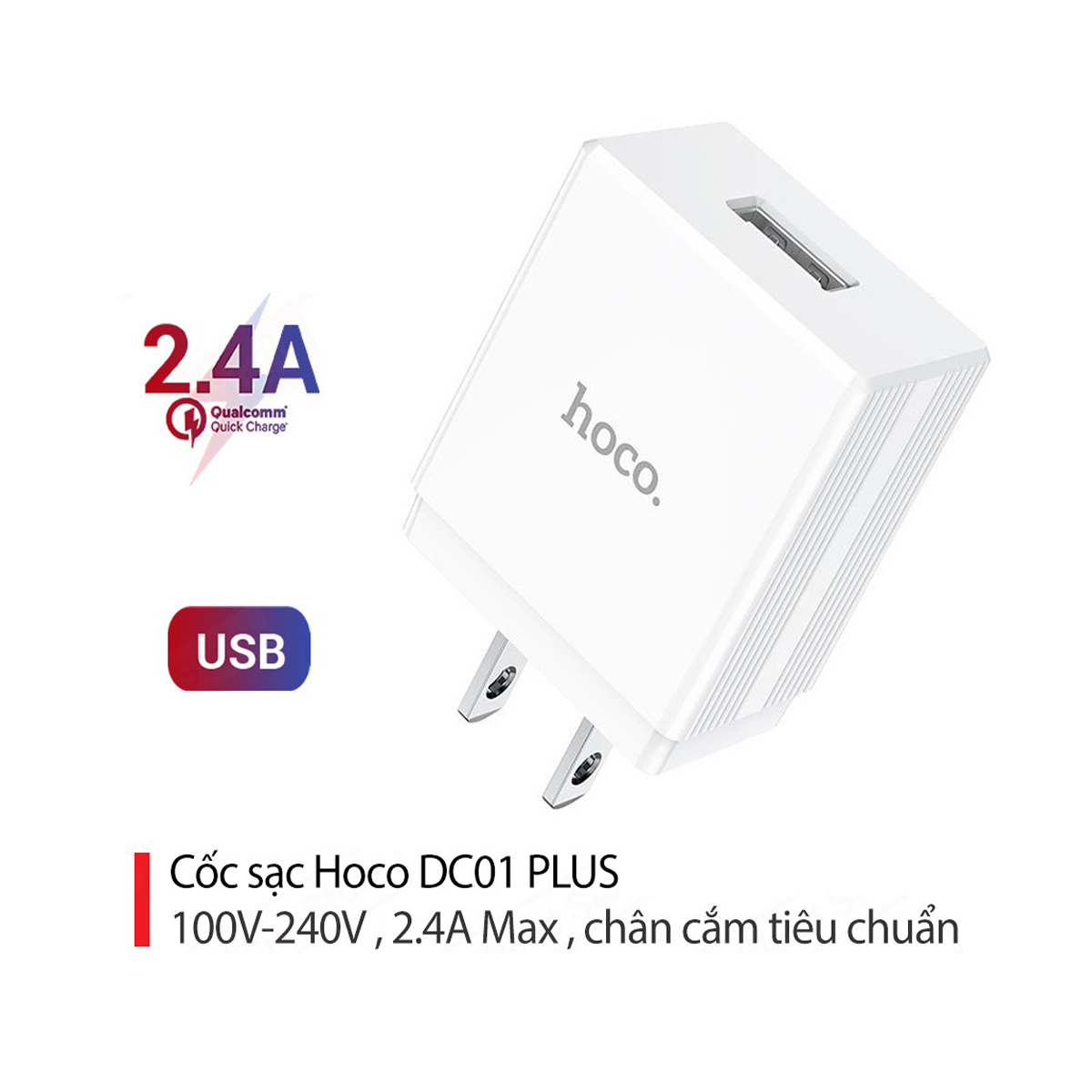 Củ sạc 2.4A Hoco DC01 Plus 1 cổng USB chân dẹt chất liệu chống cháy cao cấp - Hàng chính hãng