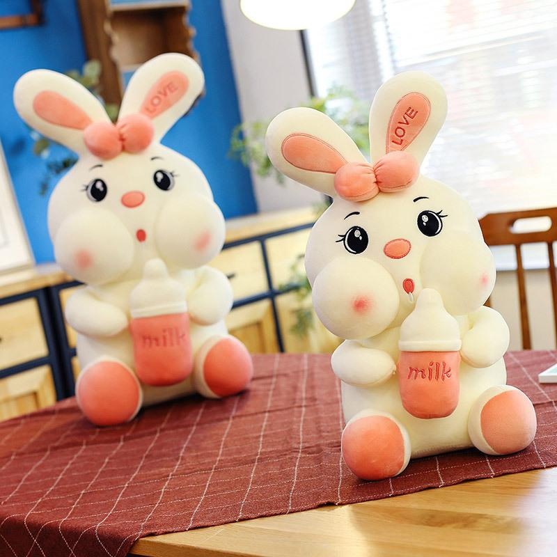 Thú nhồi bông thỏ ôm bình sữa cute - Size 30cm - Màu sắc ngẫu nhiên - Quà tặng gấu bông thỏ ôm bình sữa êm mịn.