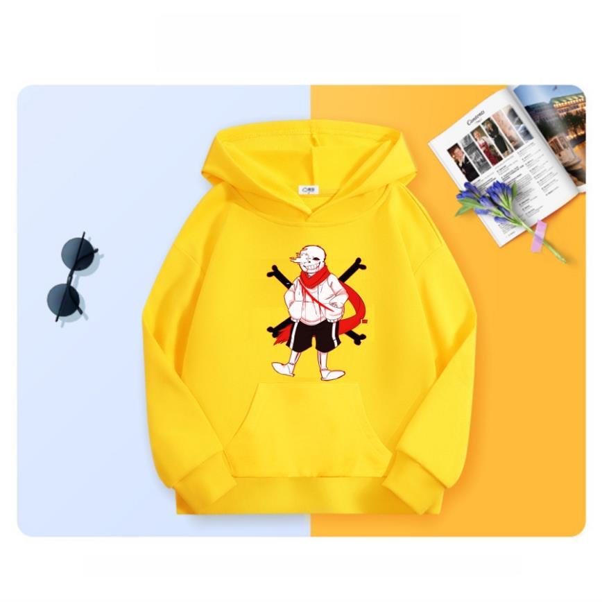 Áo khoác hoodie màu vàng chui đầu in hình Sans cực chất cho bé trai bé gái