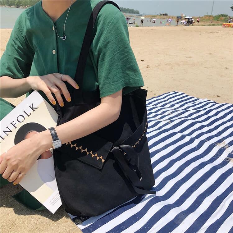 Túi Tote Tui Vải Canvas đeo vai Thắt nơ đen nữ tính phong cách Hàn Quốc có ngăn phụ và nút bấm