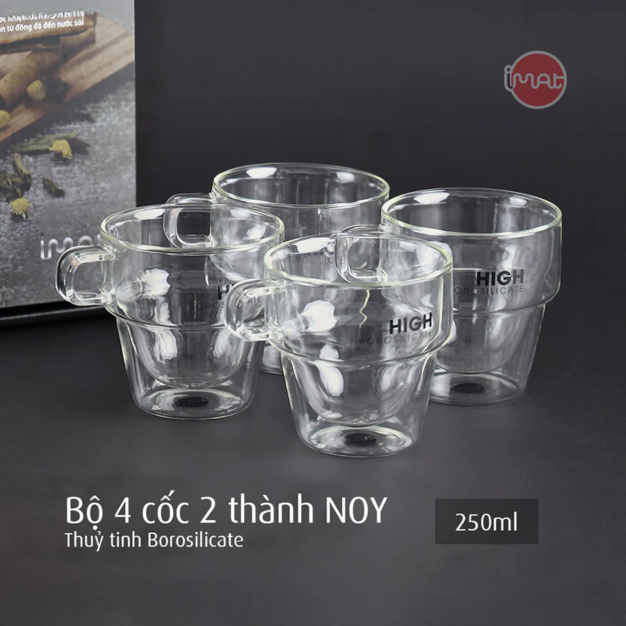 Bộ 4 Cốc IMAT NOY cao cấp 250ml Thủy Tinh Borosilicate Hai Lớp Cách Nhiệt, Chịu Nhiệt Cao, An Toàn