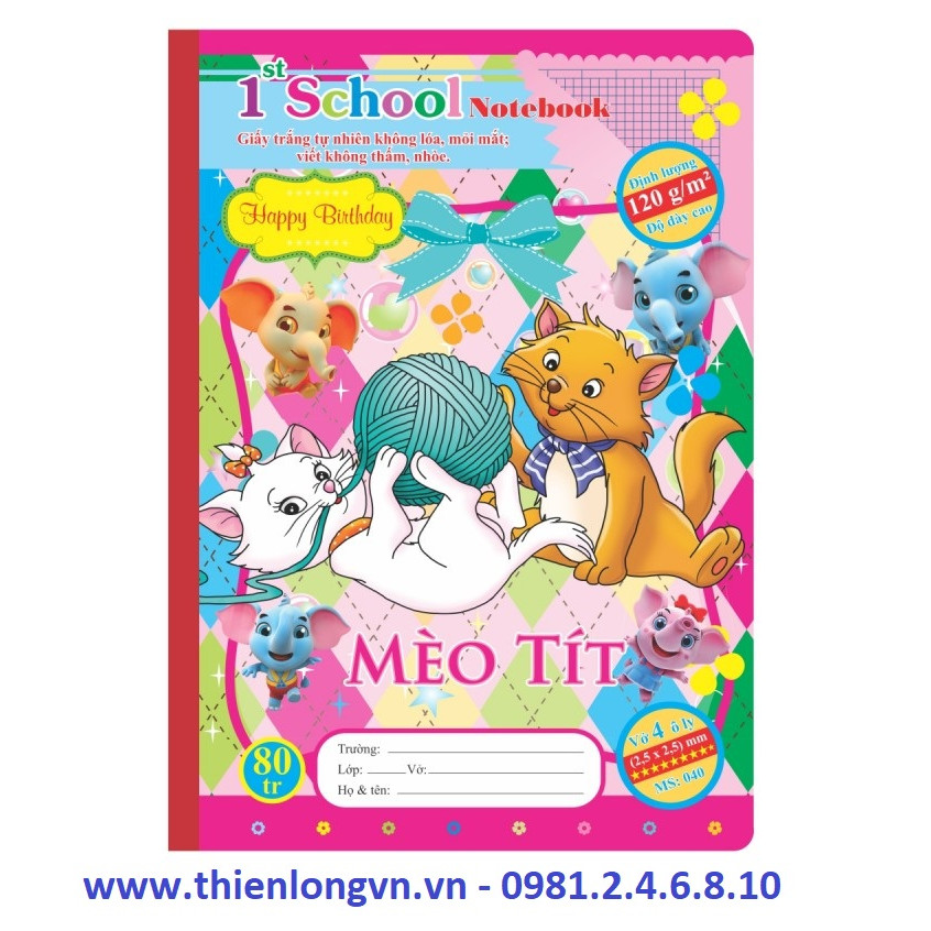 Vở 4 ô ly Hổ Nhí - 80 trang; Klong 040 bìa hồng