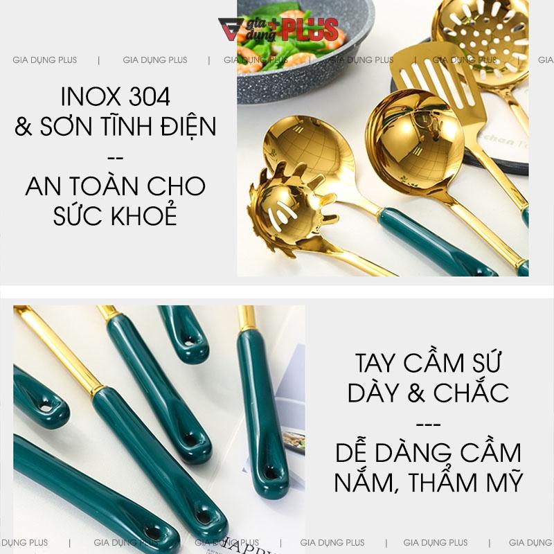 Bộ muỗng canh, muỗng lẩu, xẻng, thìa lọc bằng inox 304, tay cán sứ xanh ngọc lục bảo Bắc Âu cao cấp