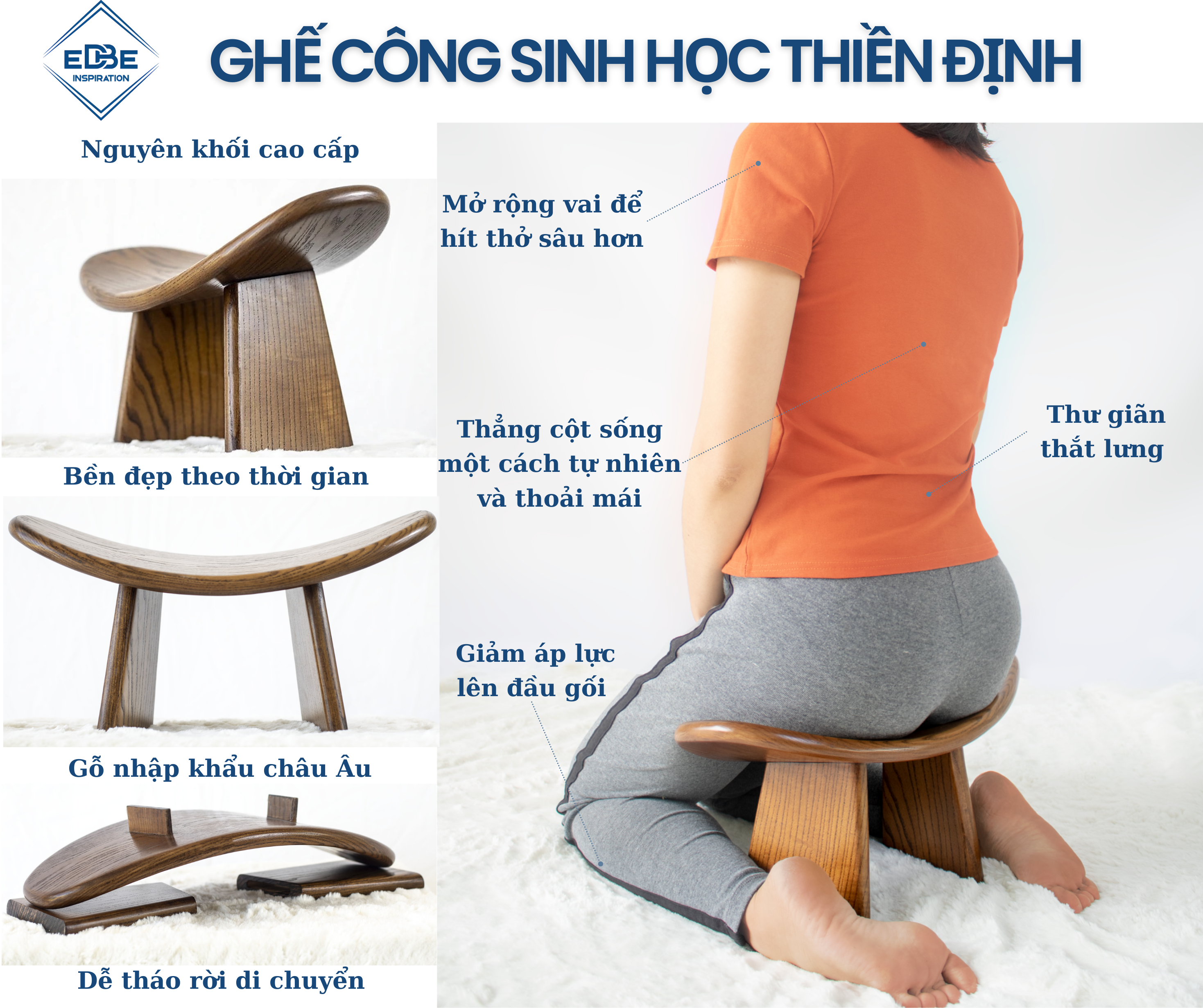 Ghế công sinh học thiền định gỗ nguyên khối hàng cao cấp xuất khẩu Pháp