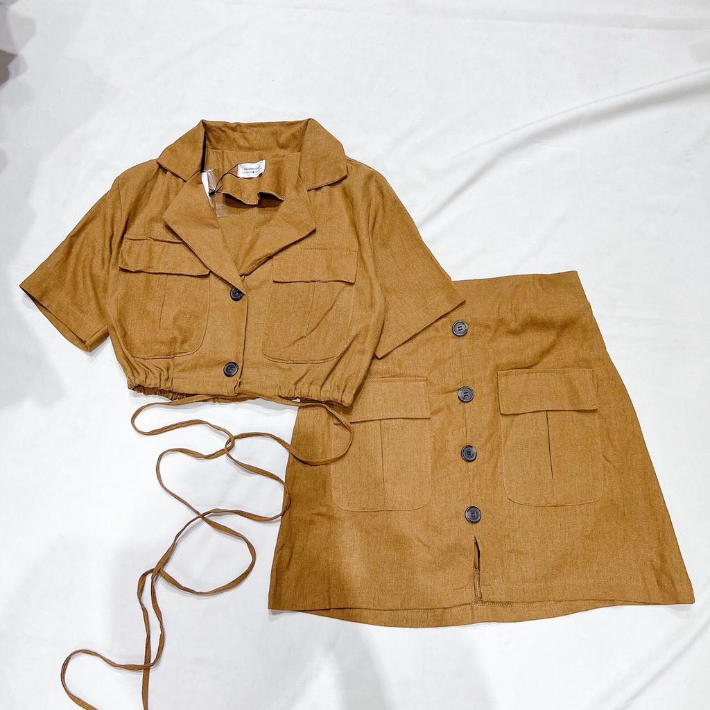 Set áo sơ mi croptop cổ vest cột dây chân váy chữ A chất linen thô phong cách Hàn Quốc 6 màu