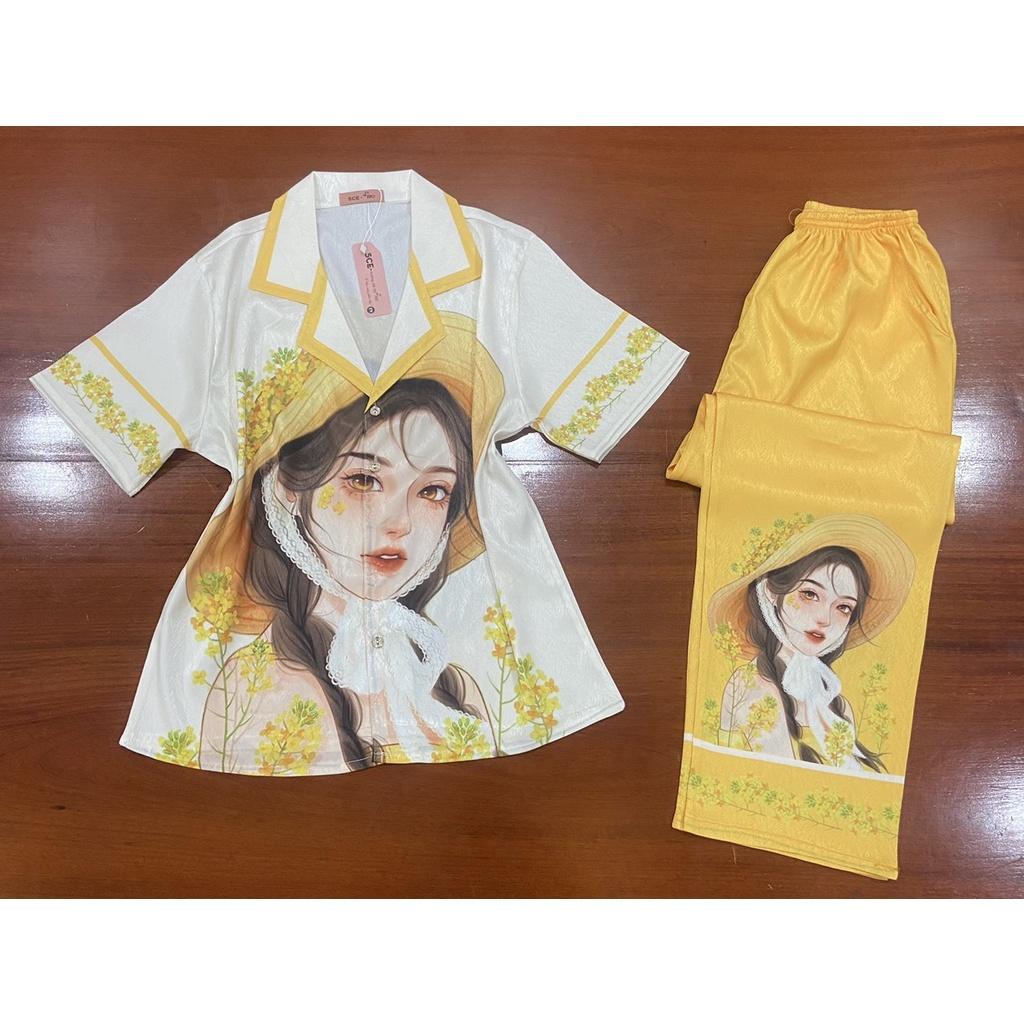 Đồ Bộ Pyjama lụa xước ánh kim cao cấp chuẩn loại 1 HÀNG THIẾT KẾ MỚI Free Size 42 - 62 kg - M2