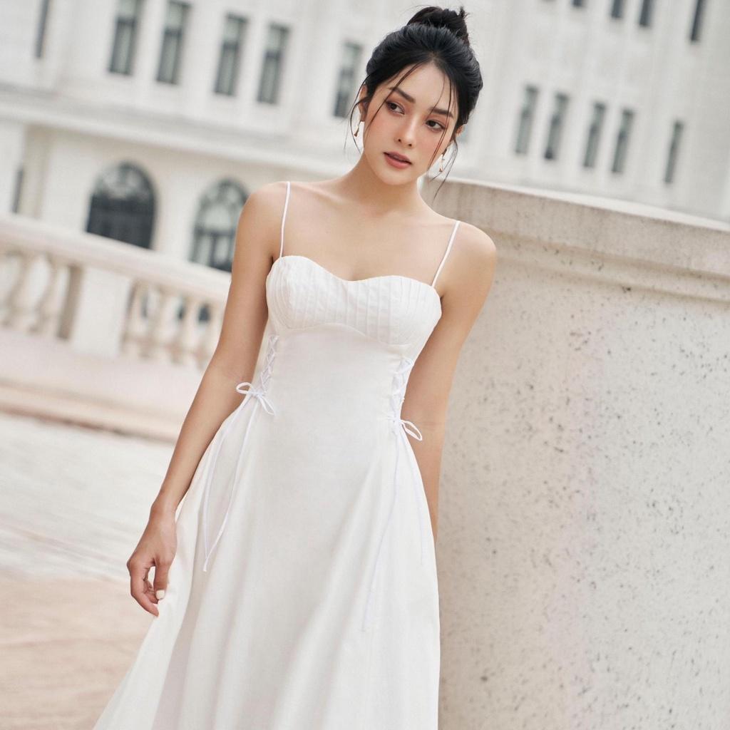 RECHIC Đầm dài Taylor chất linen kiểu hay dây có rút dây ở eo dịu dàng nữ tính phù hợp đi các buổi tiệc