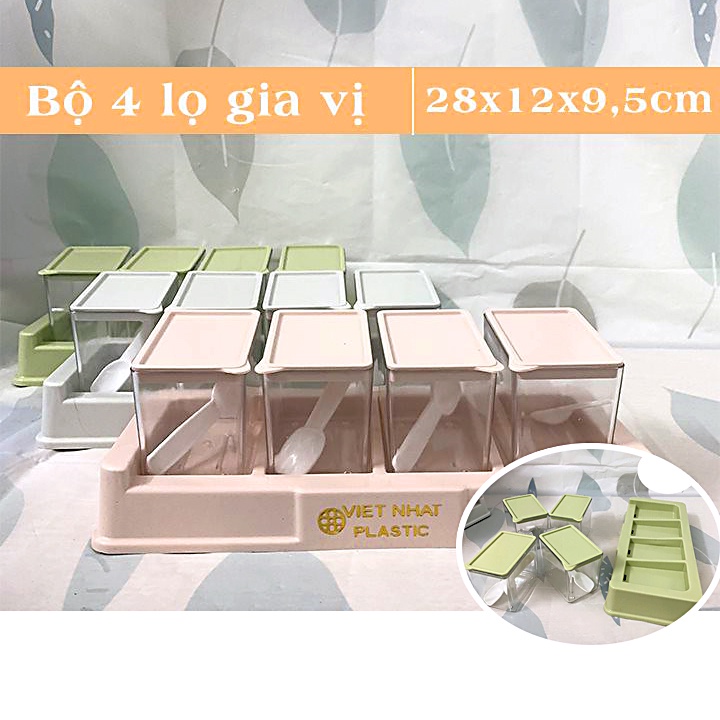 Bộ 4 lọ gia vị có thìa muỗng nhựa Việt Nhật - Hũ đựng gia vị có nắp đậy, có khay đế (Màu ngẫu nhiên)