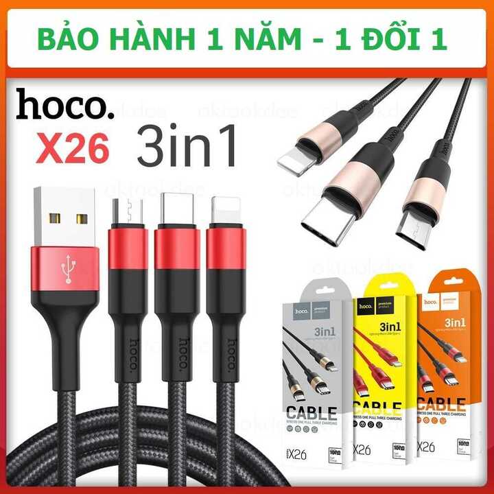 Cáp Sạc Điện Thoại Đa Năng loại tốt hàng chính hãng HOCO X26 3in1, chiều dài 1m – Dây Sạc nhanh 3 đầu bọc dù chống xoắn, đứt, bh 12 Tháng