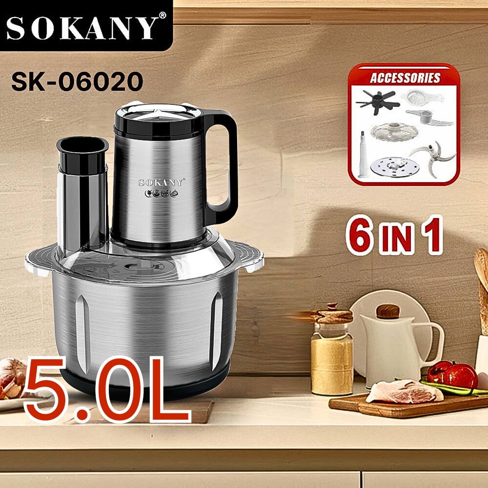 Máy xay thịt đa năng 6in1 SOKANY SK-06020 dung tích 5L tích hợp xay, ép, cắt, thái vô cùng tiện lợi - HÀNG CHÍNH HÃNG