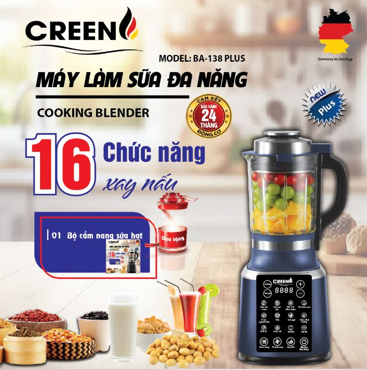 Máy làm sữa hạt đa năng CREEN BA-138 Plus, công suất xay và nấu 1800W, dung tích 1.75L, 16 chức năng - Hàng chính hãng