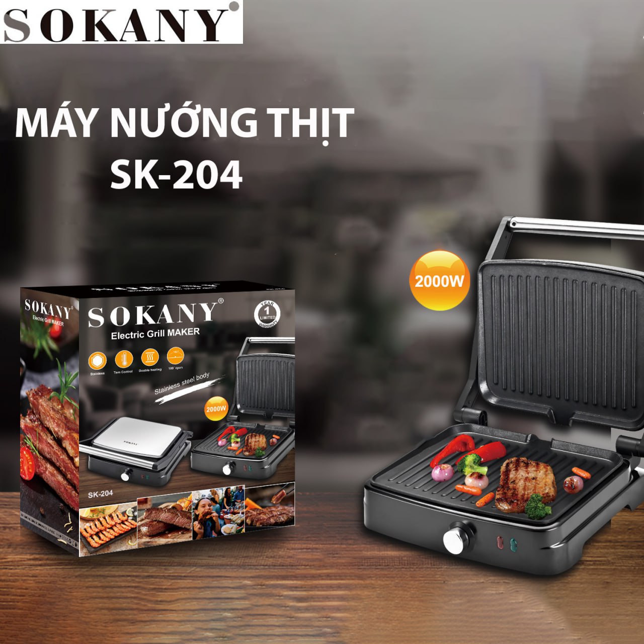 Máy kẹp nướng đa năng công suất lớn 2000W 2 mặt chống dính nướng thực phẩm nhanh chóng SOKANY SK-204 - HÀNG CHÍNH HÃNG - DELIYA