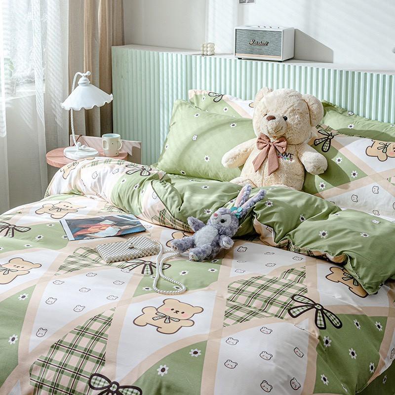 Bộ chăn ga gối Cotton poly M2T bedding Gấu nơ xanh lá, vỏ chăn mền, drap nệm và 2 vỏ gối