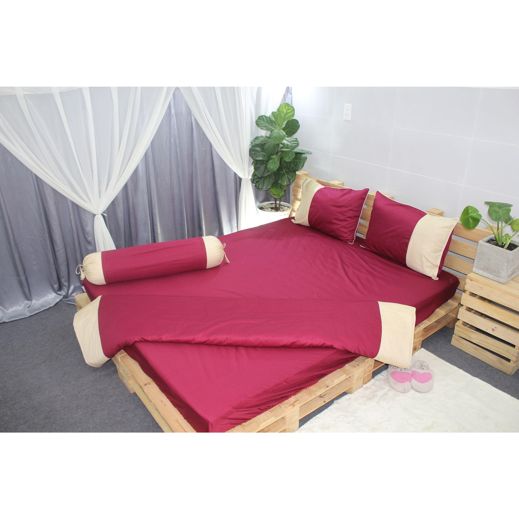 Bộ Chăn Ga Gối 5 món Cotton satin Hàn Quốc Màu Đỏ Đô