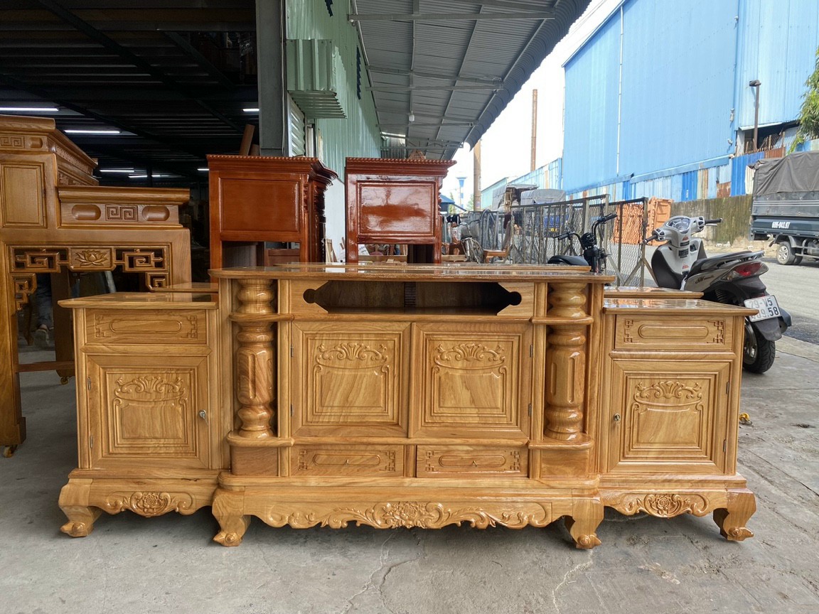 Kệ tivi cột nho nồi gỗ gõ đỏ ngang 1M6-1M8-2M-2M2-2M4