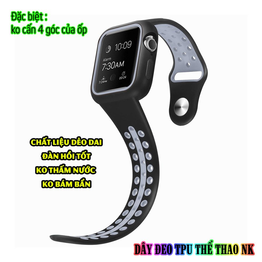 Dây Đeo liền ốp dành cho Apple Watch size 38/40/42/44mm TPU thể thao viền màu - Đen Xám (tặng dán KCL theo size