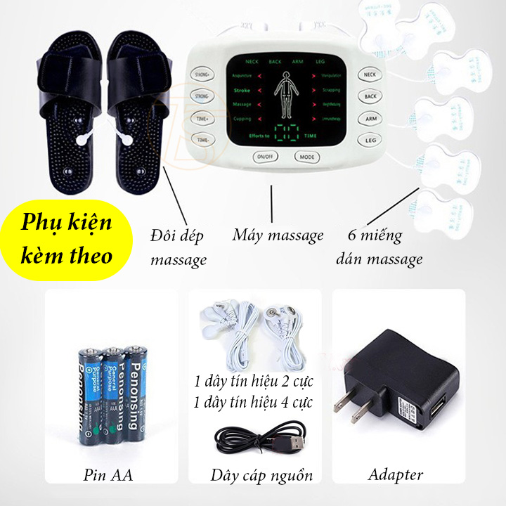 Máy massage xung điện ngõ ra kép với 6 miếng dán kèm đôi dép mát xa Nk-105