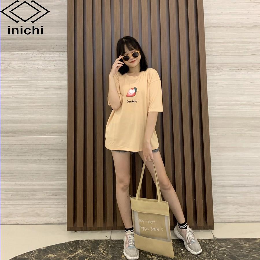 Áo thun INICHI unisex tay lỡ form rộng in hình quả dâu - IC611 màu kem