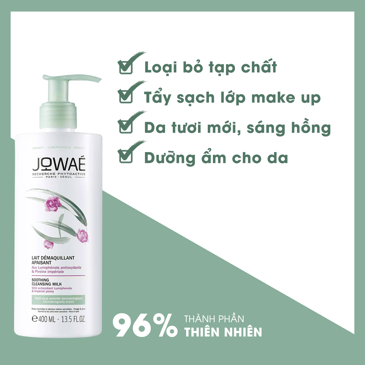 Sữa tẩy trang JOWAE giảm thiểu tạp chất và Make up dành cho da nhạy cảm Mỹ phẩm nhập khẩu Pháp SOOTHING CLEANSING MIL 400ml