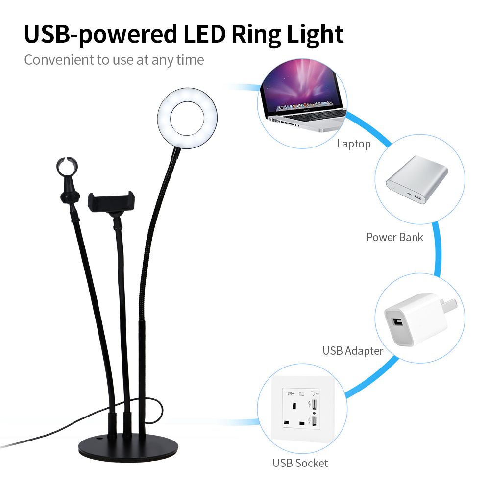 Đèn Vòng LED 9cm 3 Trong 1 Để Bàn Có Giá Đỡ Micrô Có Đế Cắm USB