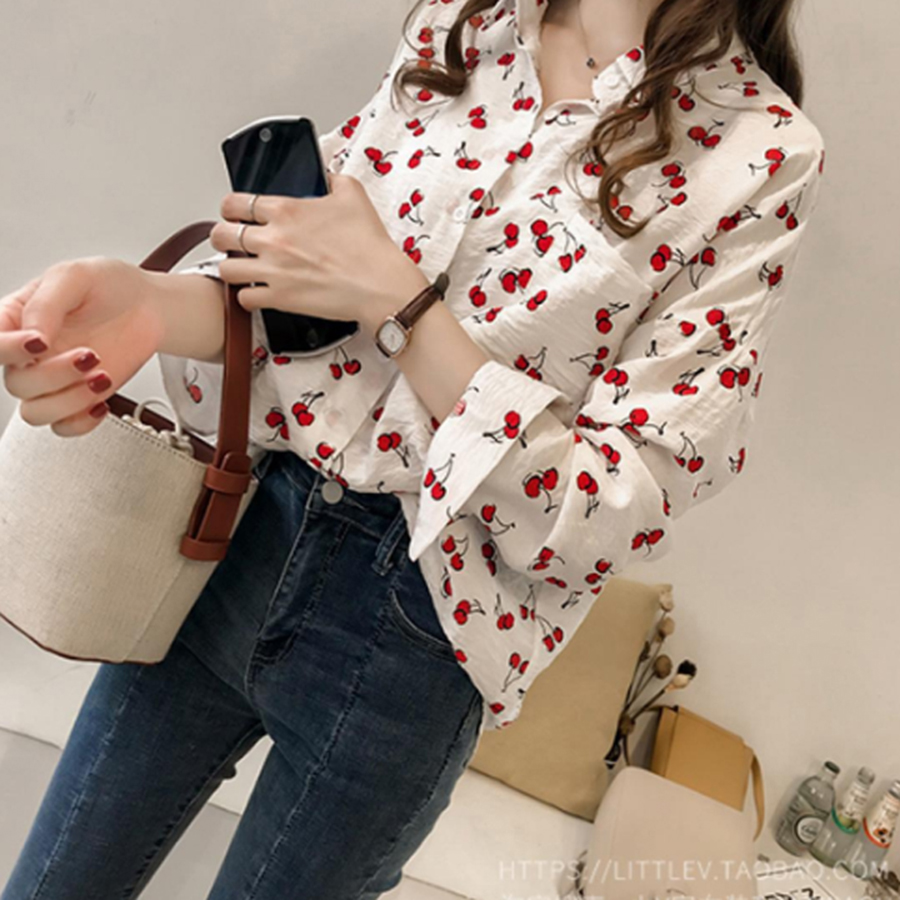 Áo sơ mi nữ vải lụa thời trang công sở in họa tiết cherry nhỏ tươi