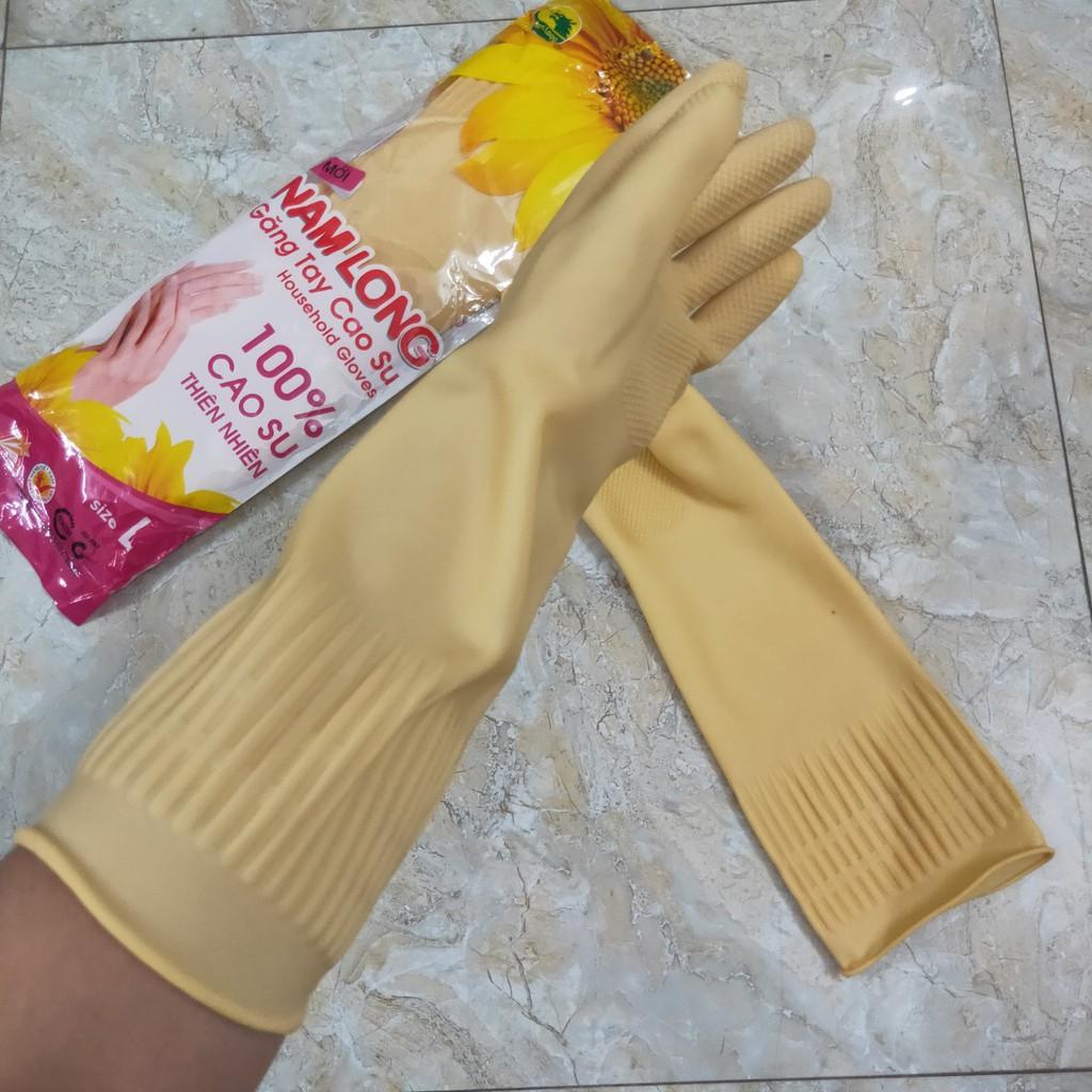 Găng tay chất liệu cao su chống nước dùng Rửa chén hoặc Giặt quần áo Rửa xe màu vàng dài 42cm