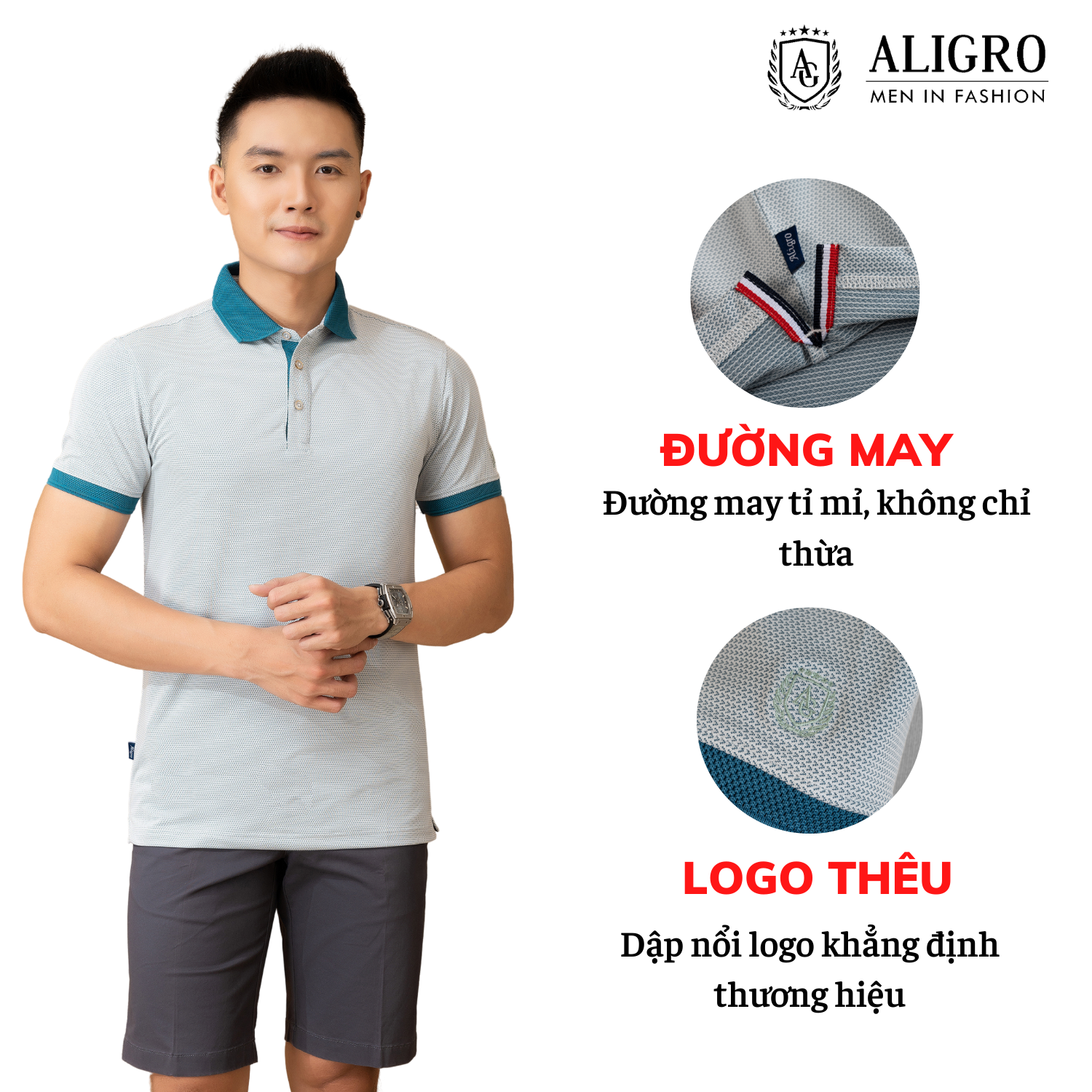 Áo polo nam dệt kiểu V màu ghi ALGPLO79