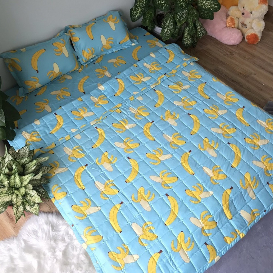 Set 5 món chăn hè ga chun Cotton Poly - Chuối - Tặng kèm 1 móc khóa Houston