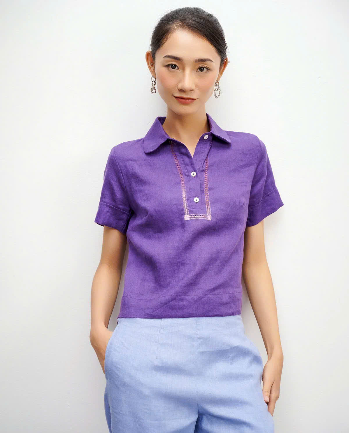 Áo Sơ Mi Nữ Cổ Trụ Tay Ngắn, Áo Sơ Mi Rua Rút Chỉ Linen Tím TOP195 thời trang thiết kế Hity