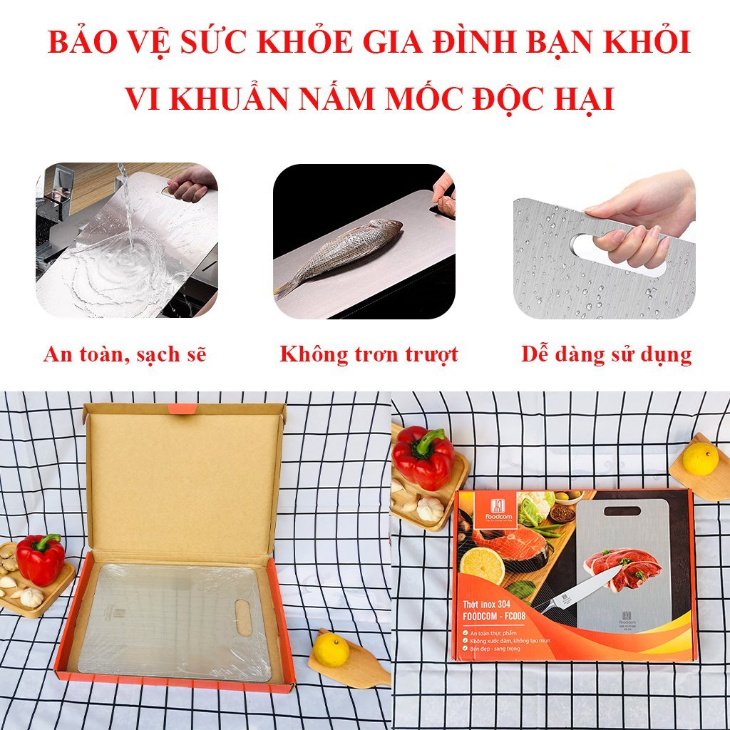 Thớt inox cao cấp 304 Foodcom chống ẩm mốc, kháng khuẩn