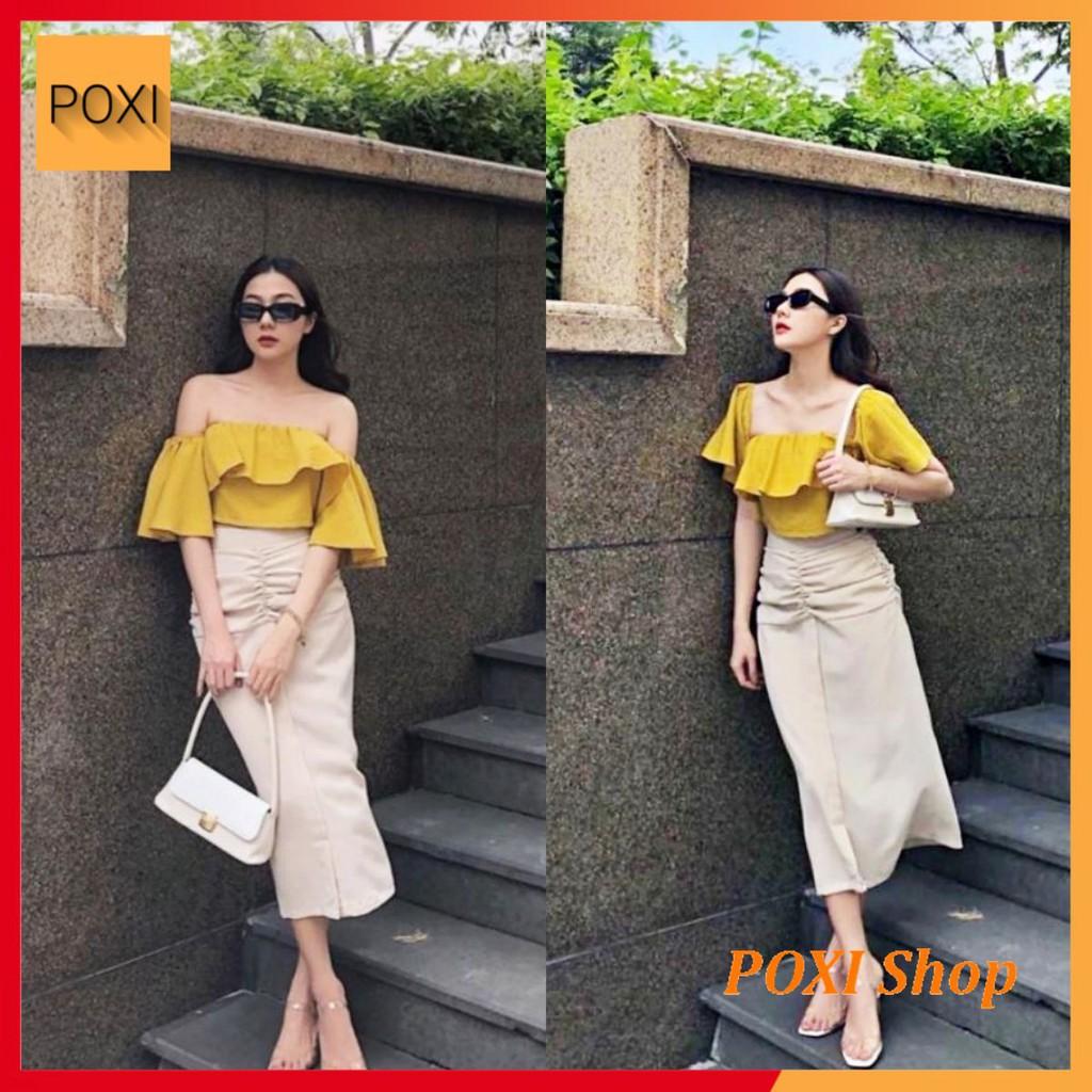 SET Áo Bẹt Vai Chun Bèo &amp; Chân Váy Nhún (ÁO VÀNG + VÁY NUDE)