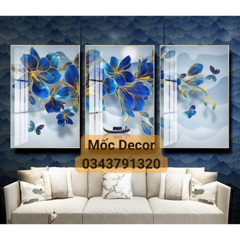 Xả tranh tráng gương hoa xanh kích thước 50*70cm