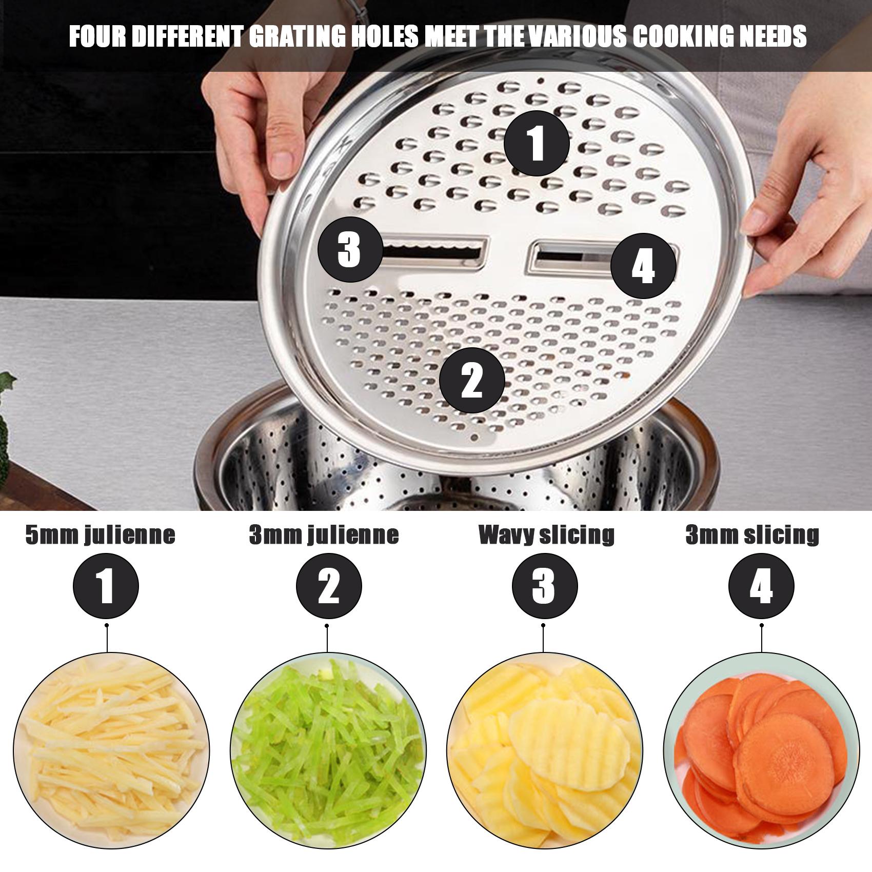 3 in 1 Kitchen Basin Grater Multipurpose Colander Slicer Cutter Shredder With Lid Stainless Steel Slicer