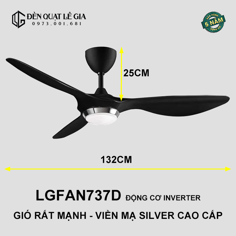 Quạt Trần Đèn 3 Cánh Gió Mạnh LÊ GIA LGFAN737D - Chiều Cao 25cm - Sải Cánh 132cm - Bảo Hành 5 Năm