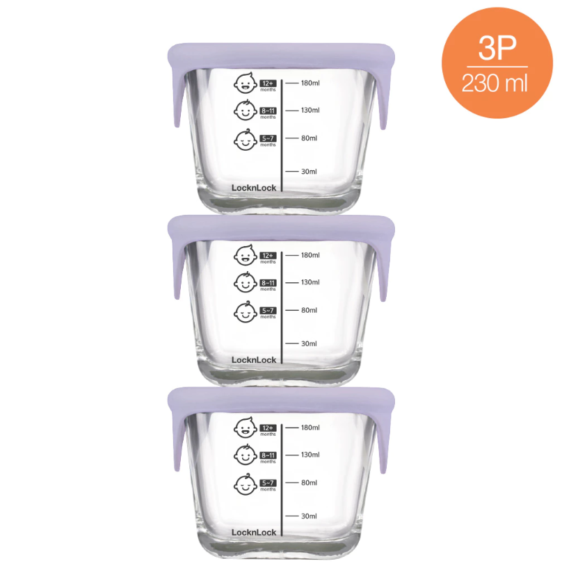 Hộp thủy tinh đựng thức ăn dặm cho bé LocknLock có vạch chia dung tích 230ml x 3 hộp LLG508S3ORG / LLG509S3PUP