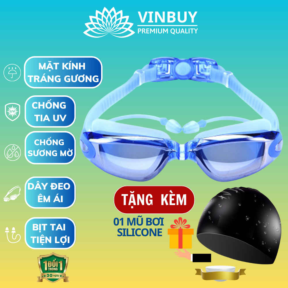 Kính Bơi Tráng Gương kèm bịt tai cao cấp VinBuy chống sương mù, chống tia UV Hàng chính hãng - Tặng kèm nón bơi Silicon