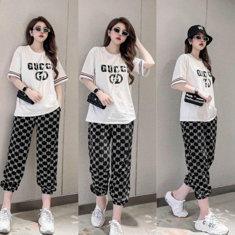 Bộ đồ nữ form rộng phối họa tiết thêu logo sang trọng siêu đẹp