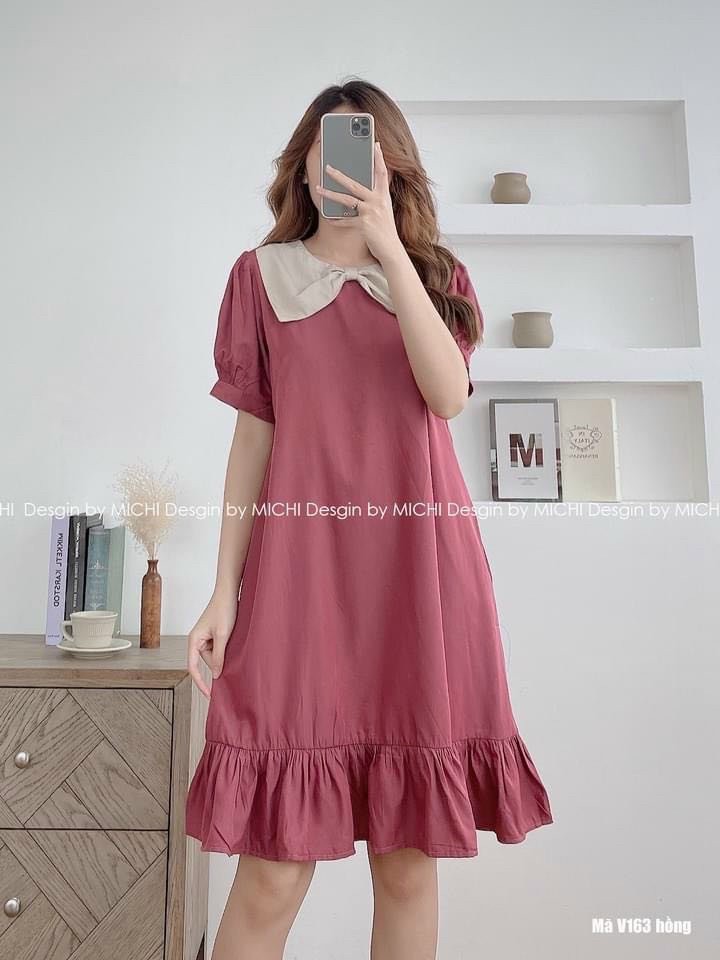 Váy suông nữ,váy cộc tay cổ đính nơ dáng dài đuôi cá