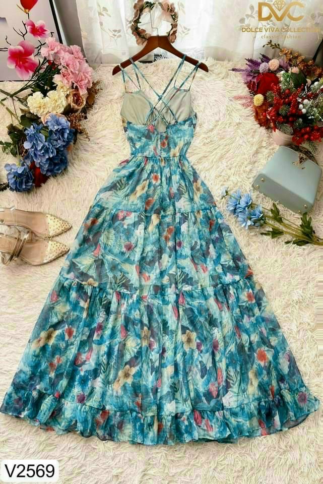 Đầm maxi hai dây có mút ngực đi biển màu xanh