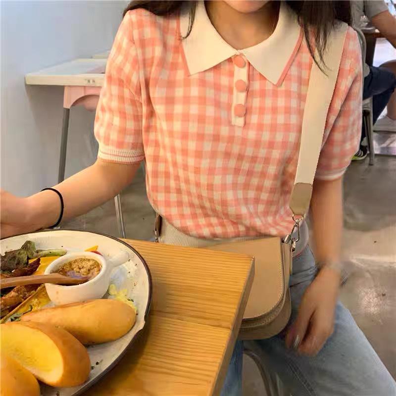 Áo caro polo len mongtoghi nữ tay ngắn form dáng rộng kiểu cổ bẻ phối màu phong cách thời trang Hàn Quốc trẻ trung