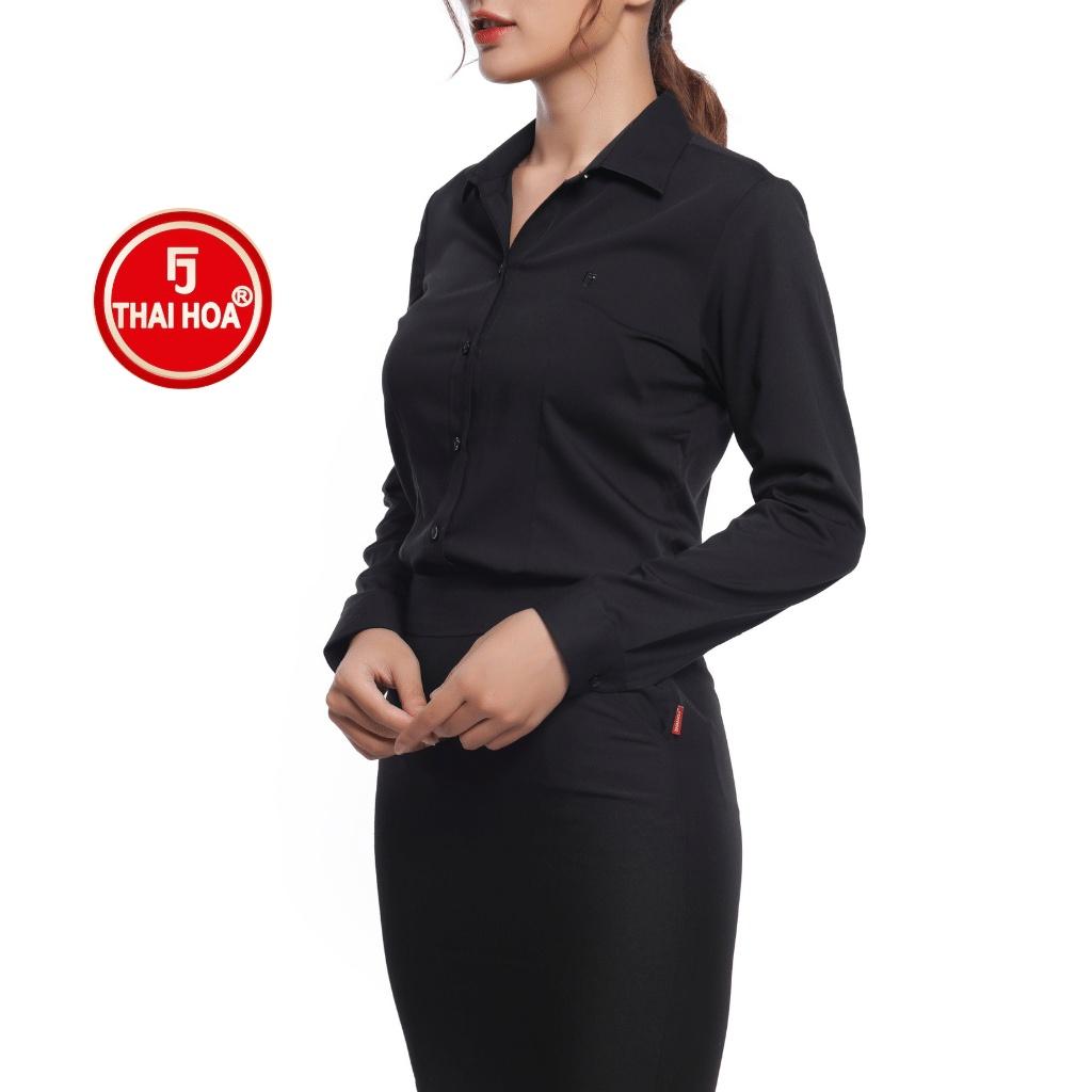 Áo sơ mi nữ Thái Hòa 047-15-01 dài tay chất vải cotton màu đen ôm dáng mặc đi làm