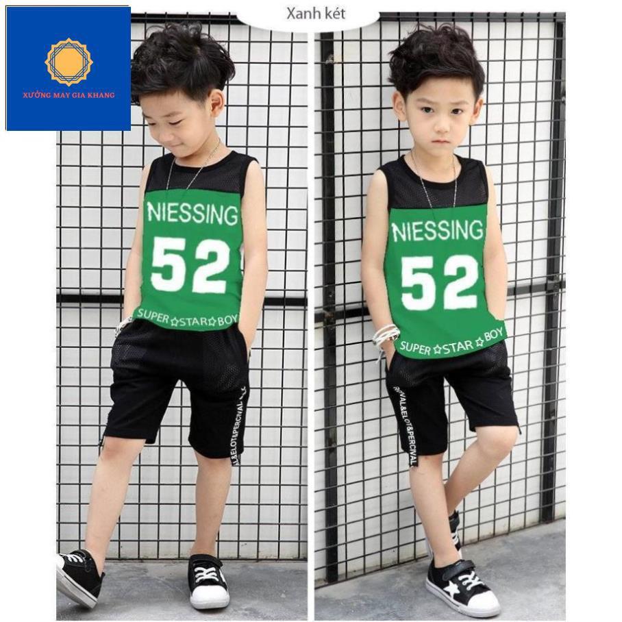 Đồ bộ quần áo thun bé trai sát nách, phối lưới in số 52 - Xưởng may - Gia Khang