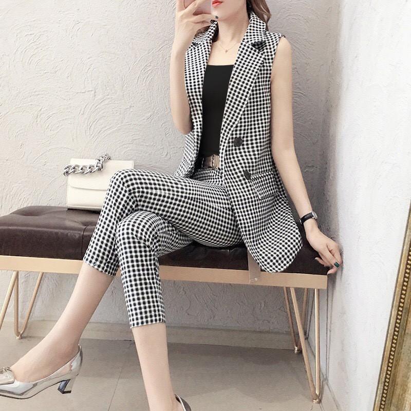 SET VEST CARO 3 MÓN GỒM QUẦN, ÁO VEST, ÁO TRONG 2 DÂY CHO DÂN CÔNG SỞ ĐI LÀM ĐI CHƠI