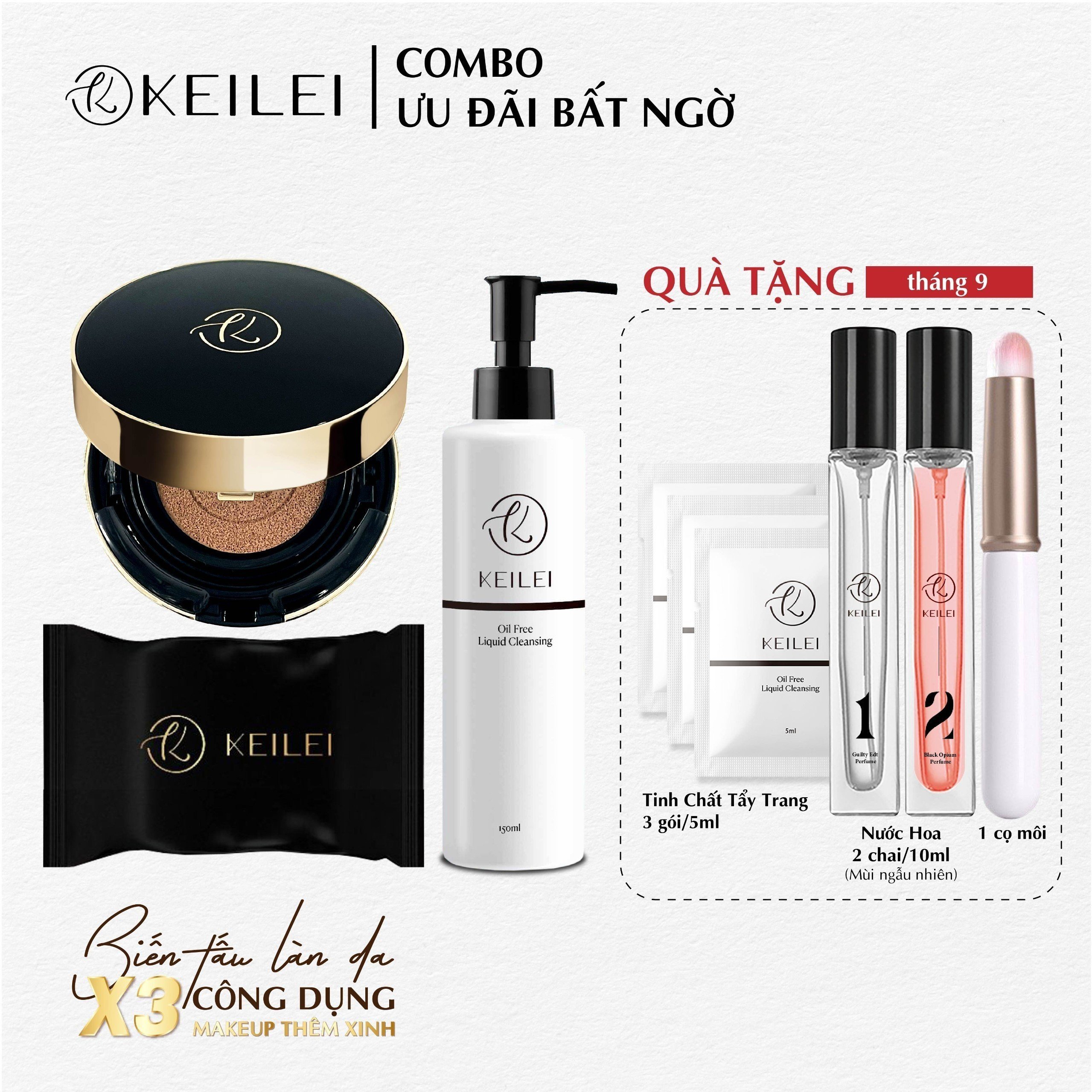 Phấn nước đa năng 3trong1 và Tinh chất tẩy trang KEILEI