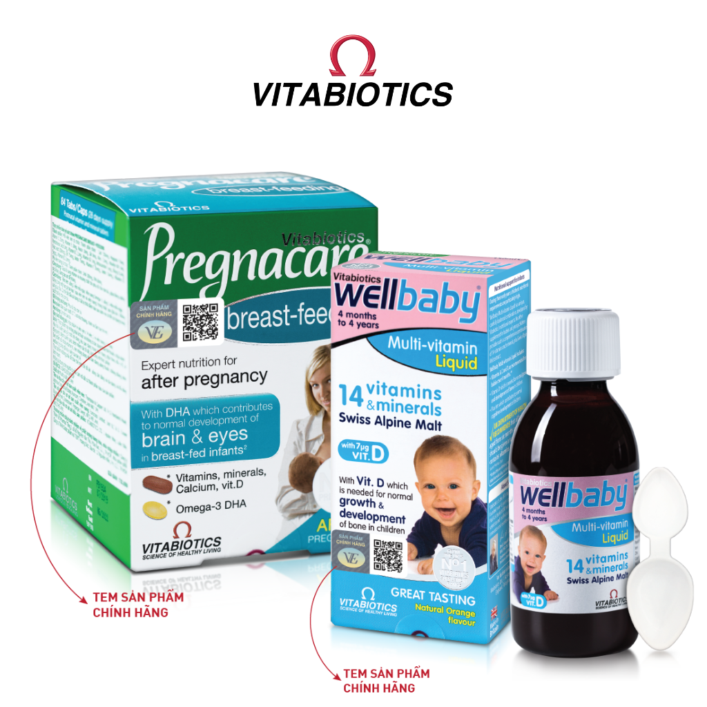 Bộ Sản Phẩm Vitabiotics Viên Uống PREGNACARE Breast-feeding Cho Phụ Nữ Cho Con Bú 84 Viên Và Siro WELLBABY Cho Bé 150ml