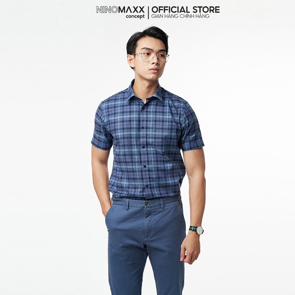 N&amp;M Áo Sơ mi caro nam Basic tay ngắn 100% cotton form slim fit trẻ trung 2110028