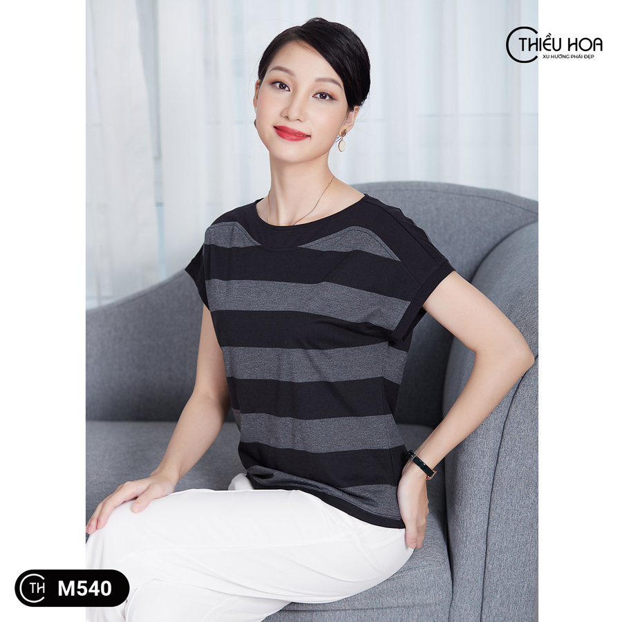 Áo thun trung niên sọc ngang chất liệu cotton thoáng mát Thiều Hoa M540