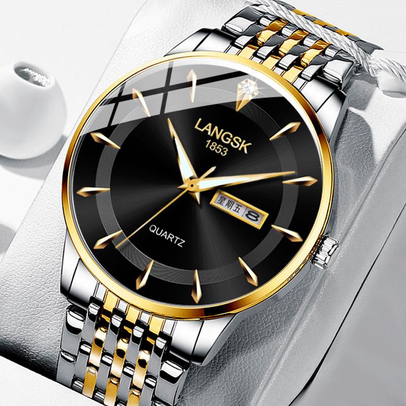 Phong cách mới nhất Lang Shi Kai đồng hồ nam mới chống thấm nước dạ quang lịch đôi phiên bản Hàn Quốc của đồng hồ thạch anh dây thép nam