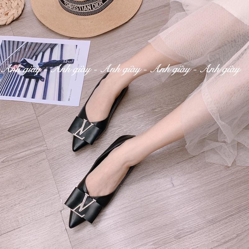 GB07 - Giày búp bê, giày bệt da lì mũi nhọn nơ ngang chữ đá đế mềm dẻo( ảnh thật, kèm video)