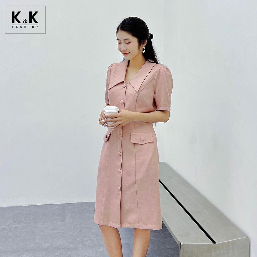 Đầm Sơ Mi Công Sở Phối Túi Giả K&K Fashion KK116-18 Chất Liệu Cotton Chéo
